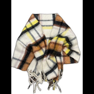 Arie Women’s One Size Wrap Tan, Yellow, Black Plaid With Fringe Lagen Look EUC